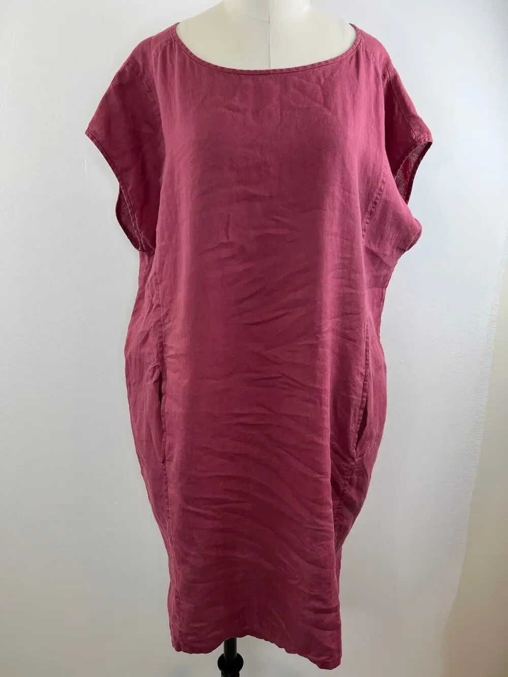 Eileen Fisher Red Scoop Neck Batwing Sleeve Women's Organic Linen Shift Dress L